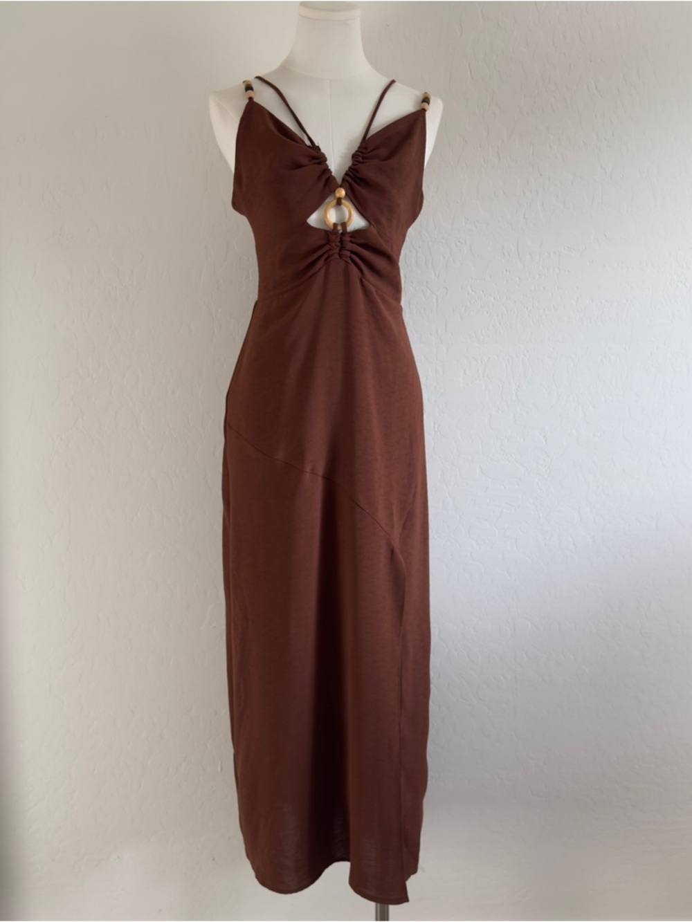 Brown Spaghetti-Strap Cutout Maxi Dress